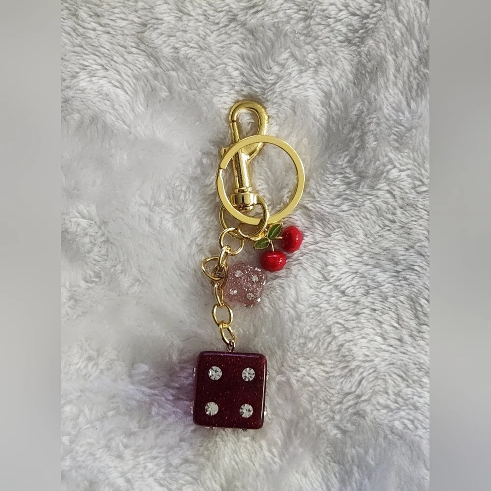 Gold and Red Dice Keychain with Cherry Charm Bag Charm